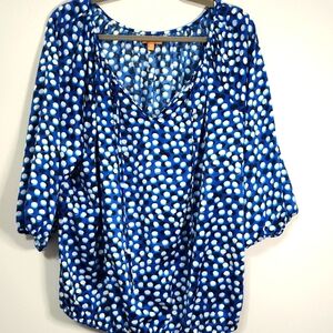 Ellen Tracy Peasant Blouse Size 1X 3/4 Sleeve Bohemian Lightweight Blue & White